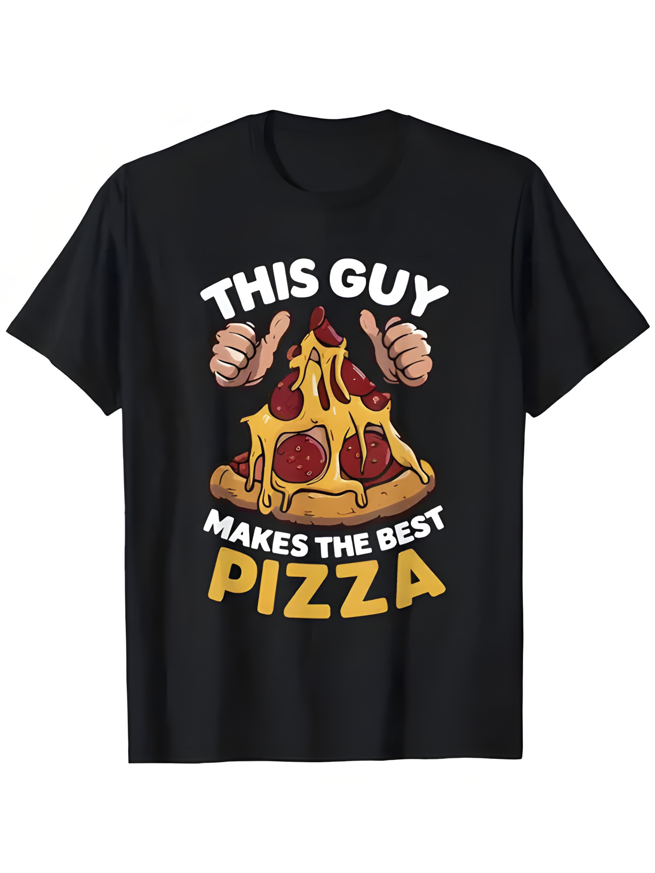 Street Fashion For Short Guys - メンズ「THIS-GUY」ピザ柄Tシャツ。カジュアルなストリートウェアに合う、楽しいデザインで、ピザのスライスをモチーフにしたイラストが特徴。