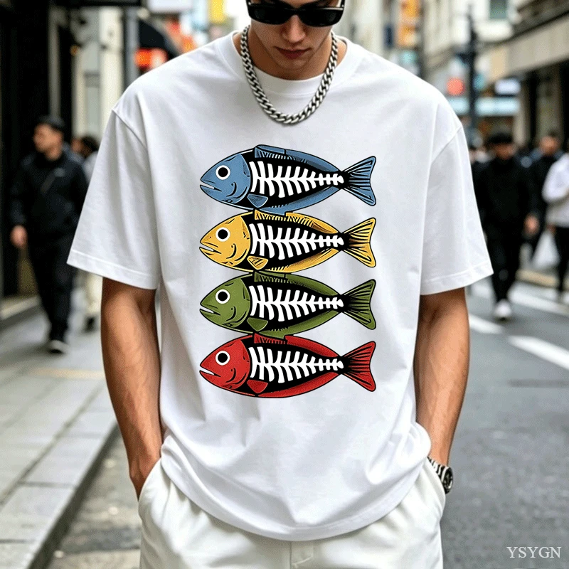 メンズ用コットンTシャツ。レトロな色使いで、魚の骨格をモチー - Street Fashion For Short Guys のレビューと価格