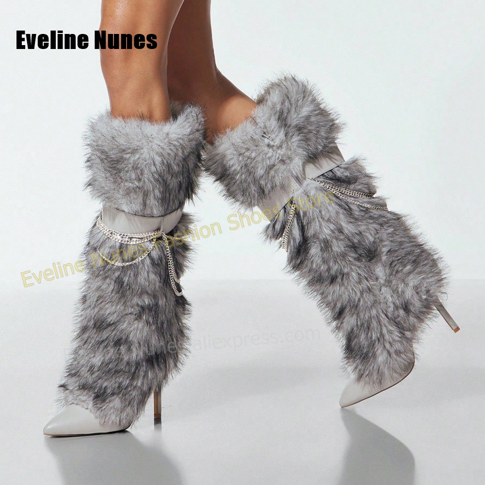 Y2Kトレンドの、ふわふわとした毛皮素材のニーハイブーツ。ポ - Street Fashion Y2K のレビューと価格