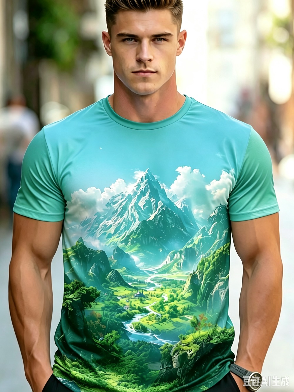 メンズ、山の風景をプリントした3Dデザインの、速乾性に優れた - Street Fashion Y2K のレビューと価格